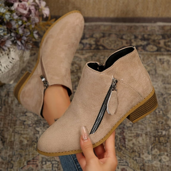 Bnwani Women Low Heel Boots Shoe Fall Winter Fashion Pile Zipper Thick Chunky Ankle Versatile Casual Sweet Suede Boot Yellow Size 7