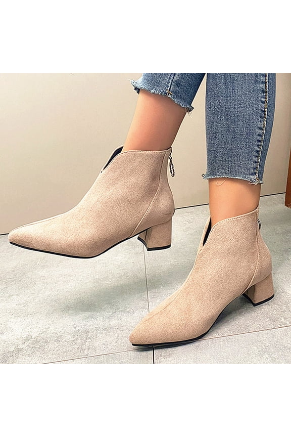 Bnwani Women Low Heel Boots Shoe Fall Winter Fashion Pointed Zipper Thick Chunky Ankle Versatile Sweet Boot Yellow Size 5.5