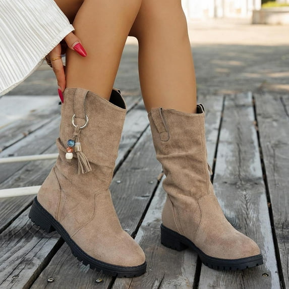 Bnwani Women Low Heel Boots Shoe Fashion Toe Thick Chunky Mid-Calf Ankle Casual Solid Tassel Boot Yellow Size 5.5