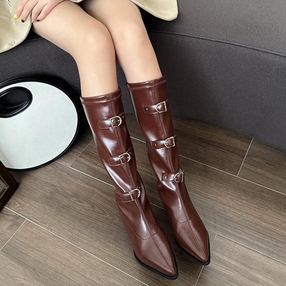 Bnwani Women Low Heel Boots Shoe Winter Fashion Pointed Zipper Thick Chunky High Knee-High Casual Solid Boot Brown Size 6.5