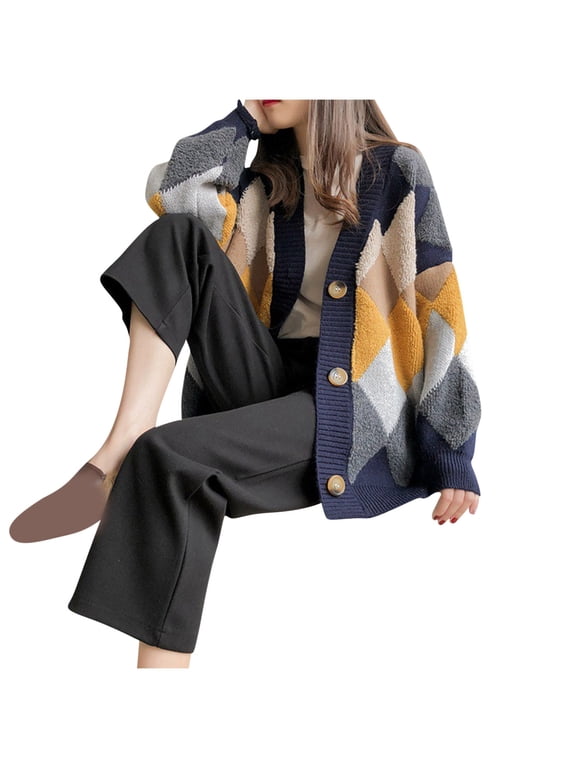 Women Oversized Argyle Knit Cardigan, V Neck Color Block Long Sleeve Button Casual Sweater Outerwear Navy Free Size