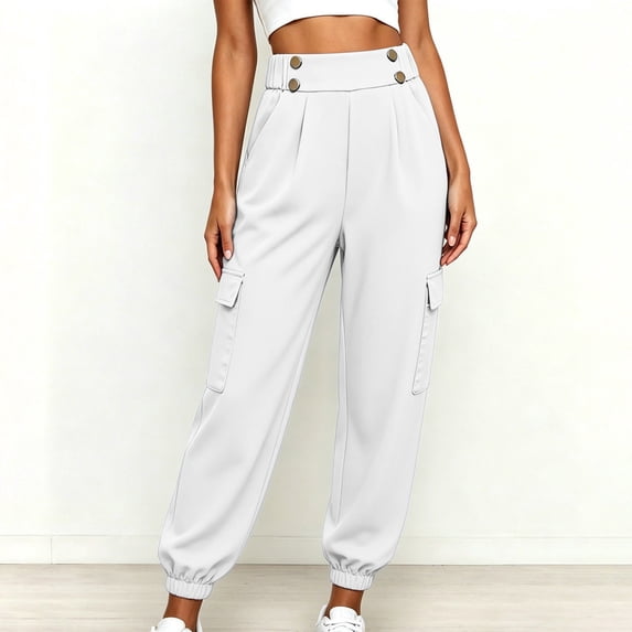 Bnwani Women Pants, multi-pocket Solid Color Causal Elastic Waist Elastic Waist