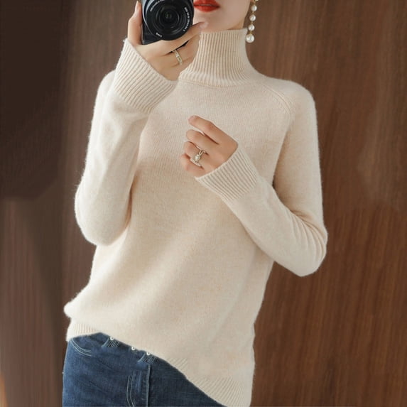 Bnwani Women Sweaters Long Sleeve, Solid Color Slim Basic Turtleneck Sweaters Warm Beige L