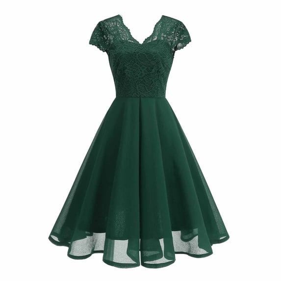 Bnwani Women's Dresses,Women Dresses,Short Sleeve,V-Neck,Vintage,Fitted Waist,Green,S