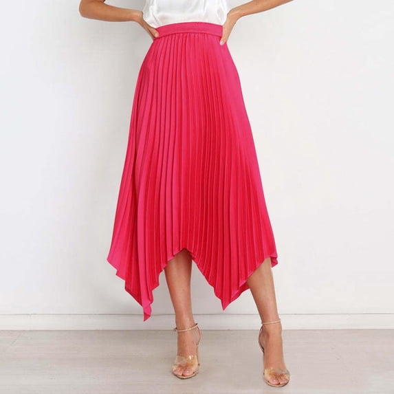 Bnwani Women's Skirts,Skirts for Women,Handkerchief,Pleated,Elastic Waist,Solid,Hot Pink,2XL