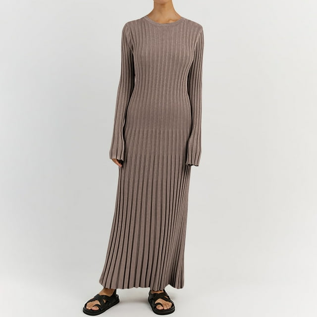 Bnwani Women's Sweater Brown Crew Neck Long Sleeve Waist Wrapped Buttocks Tied Wrap Buttocks Rib Sweater Dress Size M(US:6)