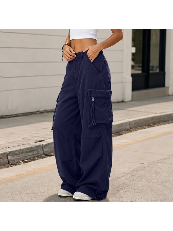 Womens Baggy Cargo Pants Mid Rise Straight-Leg Pants, Button Zipper Fly Casual Trousers with Multi Zipper Cargo Pockets & Drawstring Cuffs Navy S