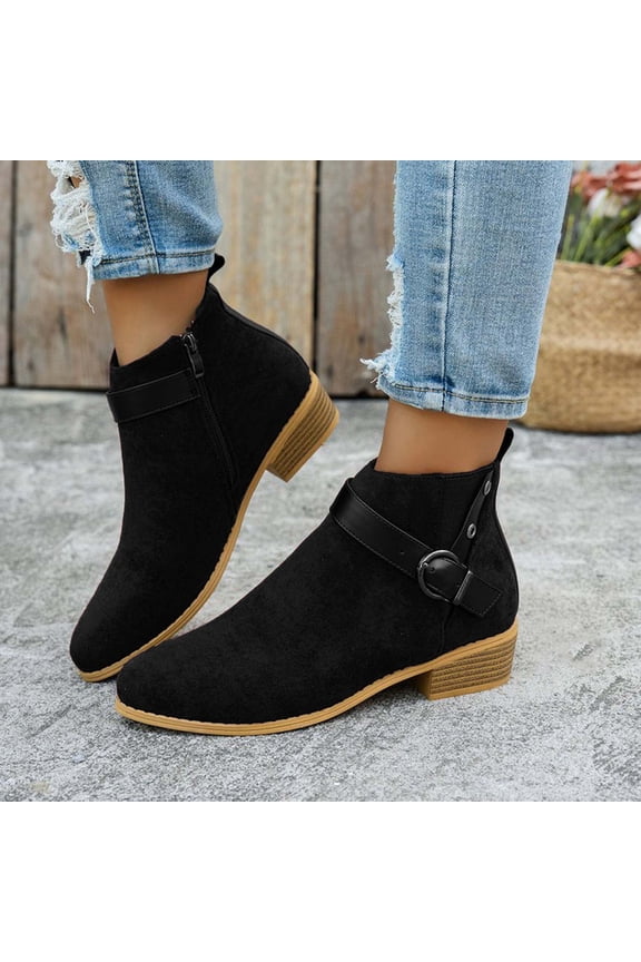 Bnwani Womens Boots Fall Winter Fashion Mid-Heel Thick Chunky Mid-Calf Versatile Casual Boot Black Size 9.5