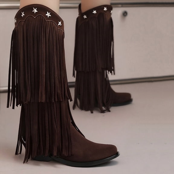 Bnwani Womens Boots Fall Winter Fashion Mid-Heel Thick Chunky Mid-Calf Versatile Casual Sweet Western Tassel Boot Brown Size 6.5