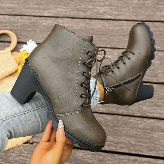 Bnwani Womens Boots Fall Winter Mid-Heel Thick Chunky Ankle Versatile Comfortable Leather Boot Green Size 6