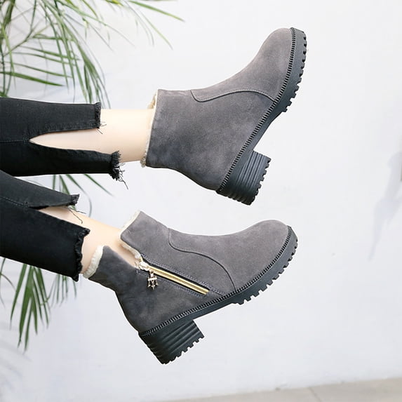 Bnwani Womens Boots Fashion Toe Square Zipper Mid-Heel Thick High Mid-Calf Velvet Solid Boot Gray Size 5