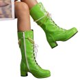 thumbnail image 1 of Bnwani Womens Boots High-Heel Thick Chunky Leather Knight Tassel Boot Green Size 4.5, 1 of 9