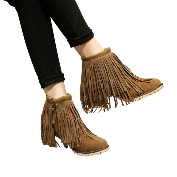 Bnwani Womens Boots Mid-Heel Thick Warm Comfortable Tassel Boot Beige Size 6