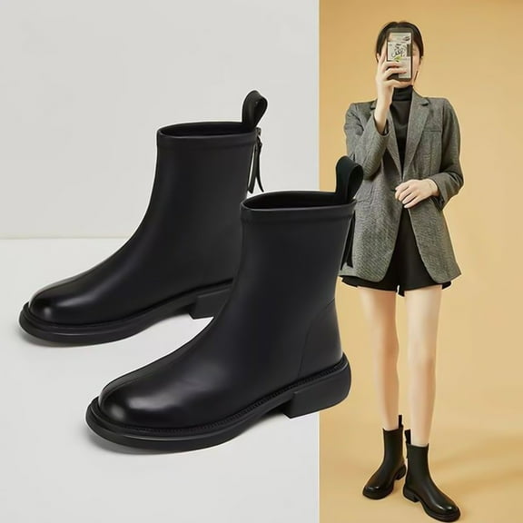 Bnwani Womens Boots New Winter Fashion Toe Zipper Flat Mid-Calf Fleece Leather Boot Black Size 6