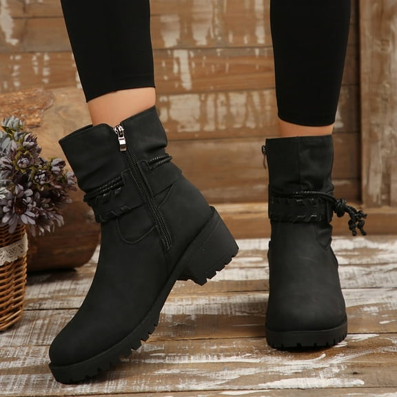 Bnwani Womens Boots Toe Zipper Mid-Heel High Mid-Calf Ankle Comfortable Casual Solid Boot Black Size 5.5