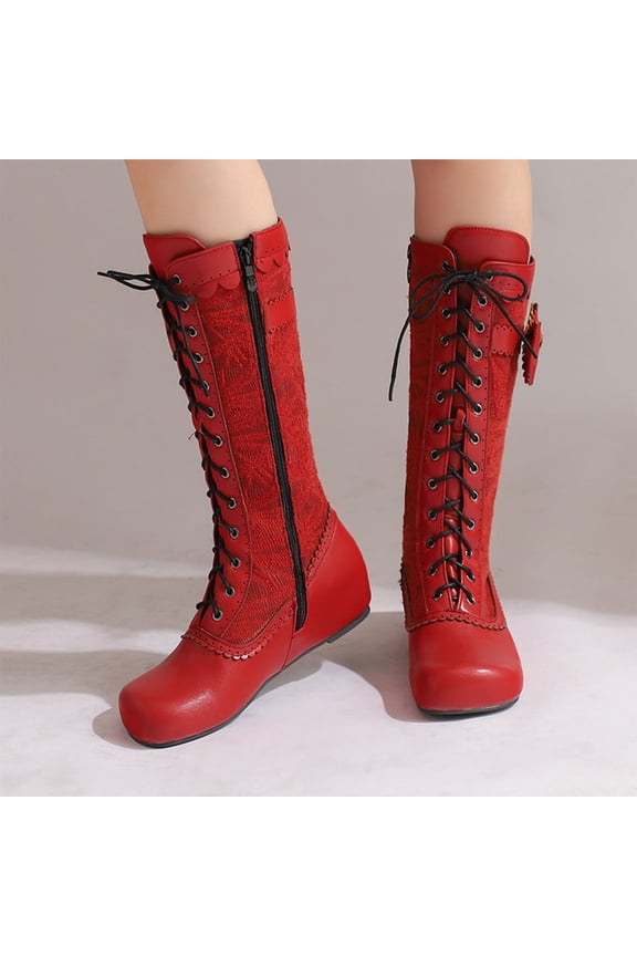 Bnwani Womens Boots Winter Fashion Toe Zipper Flat High Knee-High Casual Solid Boot Red Size 5