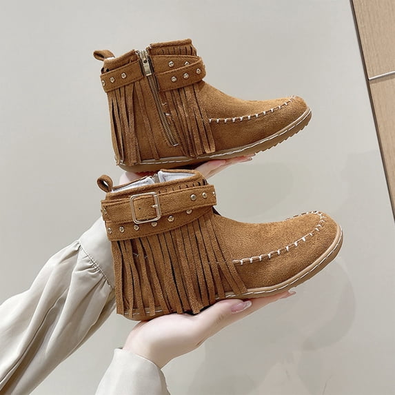 Bnwani Womens Boots Winter Fashion Zipper Flat Ankle Versatile Casual Tassel Boot Brown Size 9
