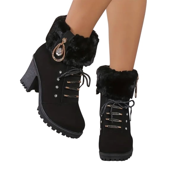 Bnwani Womens Boots Zipper High-Heel Thick Chunky High Snow Boot Black Size 9
