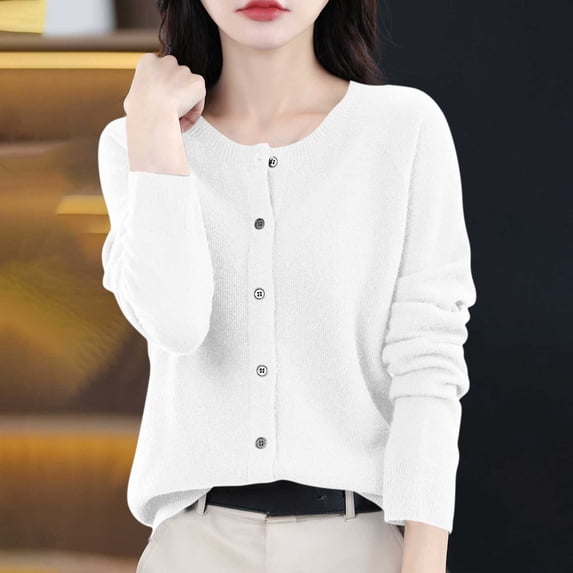 Bnwani Womens Cardigan Sweaters, Solid Color Fall and Winter Acrylic Round-Neck Sweater Casual