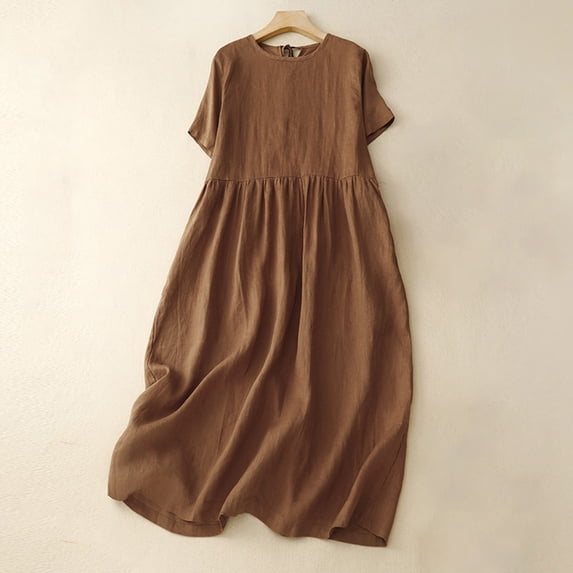 Bnwani Womens Dresses,Dresses for Women,Linen Cotton,Short Sleeve,Solid,Crew Neck,Coffee,M