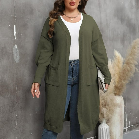 Bnwani Womens Fall Sweaters 2023 Cardigan Loose Oversized Solid Color Large Size Tunic Top Pocket Medium Army Green Casual Sweaters for Women Size XL(US:10)