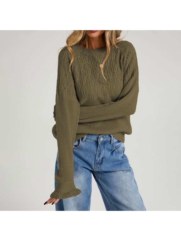 Womens Long Sleeve Pullover Sweaters Leaf‑Openwork Knit Drop‑Shoulder Jumper for Fall Winter Green S