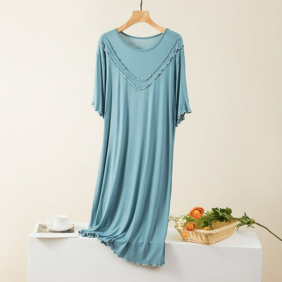 Bnwani Womens Nightgowns Fashion Oversized Silk Homewear Strap Loose Solid Casual Blue Size XL-5XL