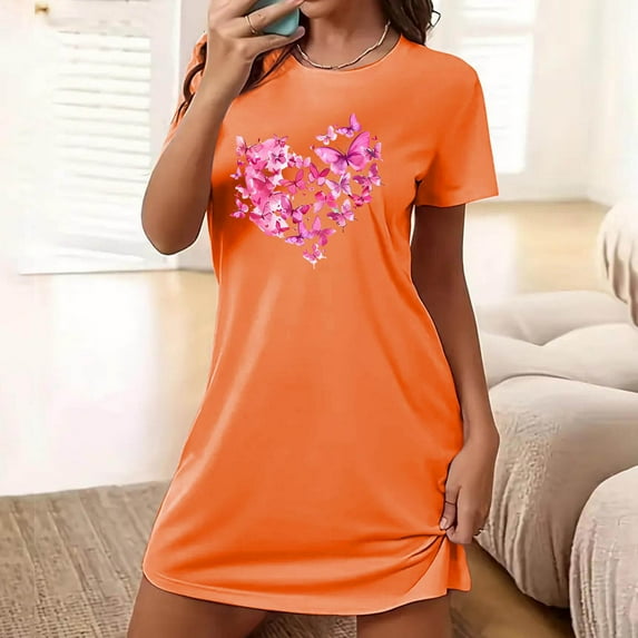 Bnwani Women'S Nightgowns Fashion Oversized Crew Neck Short Sleeve Printed White Size S-XXL
