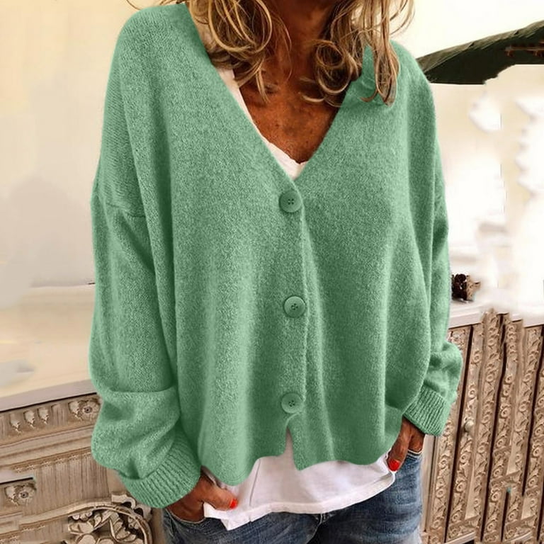 Bnwani Womens Plus Size Cardigan Sweaters V Neck Solid Color Cardigan Button Knit Green Sweater Cardigan for Women Size 3XL US 14