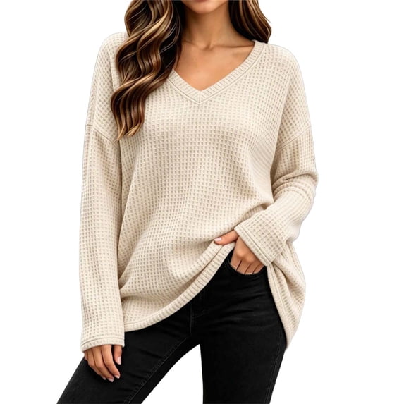 Bnwani Womens Pullover Blouses Plus Size V Neck Waffle Knit Long Sleeve Top, Loose Casual Shirts for Fall Winter Daily Wear Beige XL