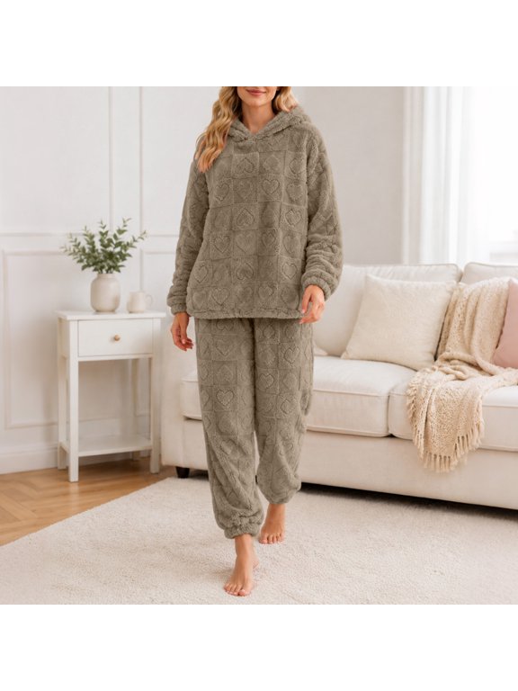 Womens Soft Pajamas Sets Heart Grid Textured Fuzzy Fleece Hooded Long Sleeve Top & Jogger Pants 2 Piece Cozy Winter Loungewear Sleepwear Coffee Free Size(US:)