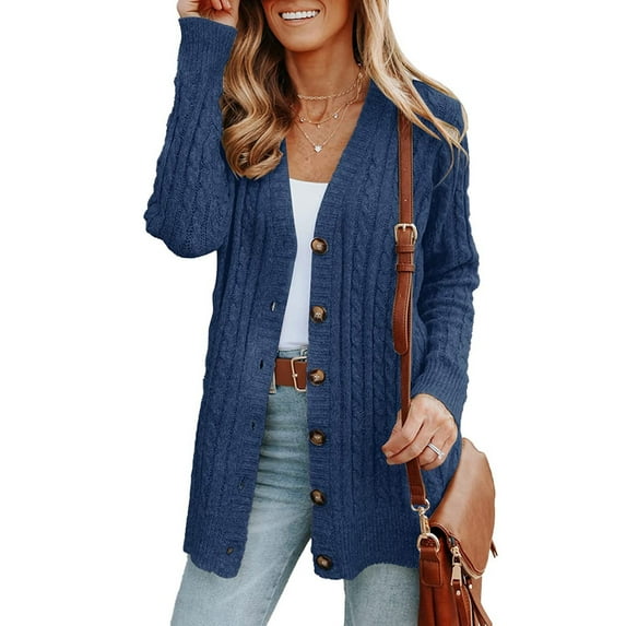 Bnwani Womens Sweaters Fall 2023 Cardigan Long Sleeve Jacket Top Cardigan Solid Color Knit Winter Dark Blue Womens Oversized Cardigan Sweaters Size XL(US:10)