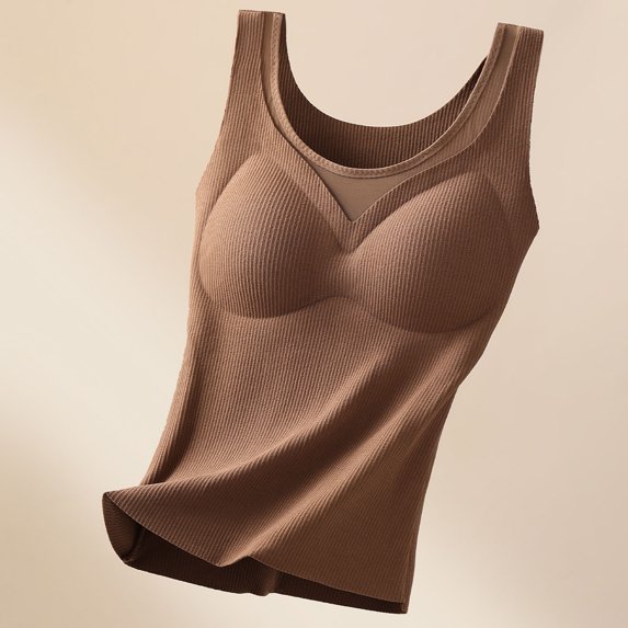 Bnwani Womens Tank Tops, with Chest Pad Comfortable Round Neck SleeveLess Warm Thermal Underwear Tops Coffee M