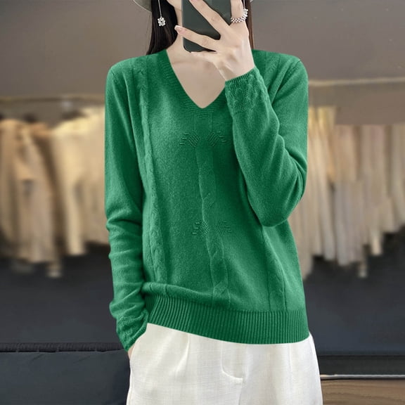 Bnwani Womens Tops, Fall and Winter Long Sleeve V-Neck Shirts Solid Color Knit Pullover Green L