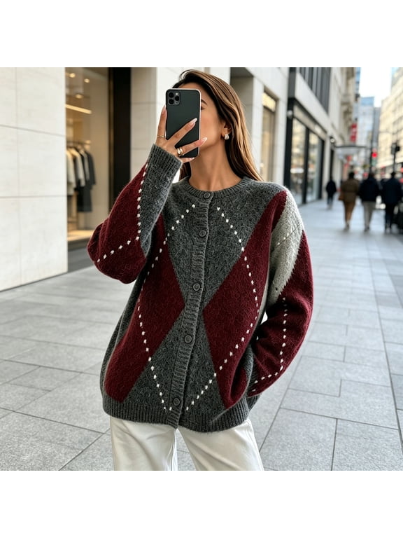 Womens Vintage Argyle Knit Cardigan, Round Neck Button Down Long Sleeve Loose Sweater Coat for Fall Winter Red L