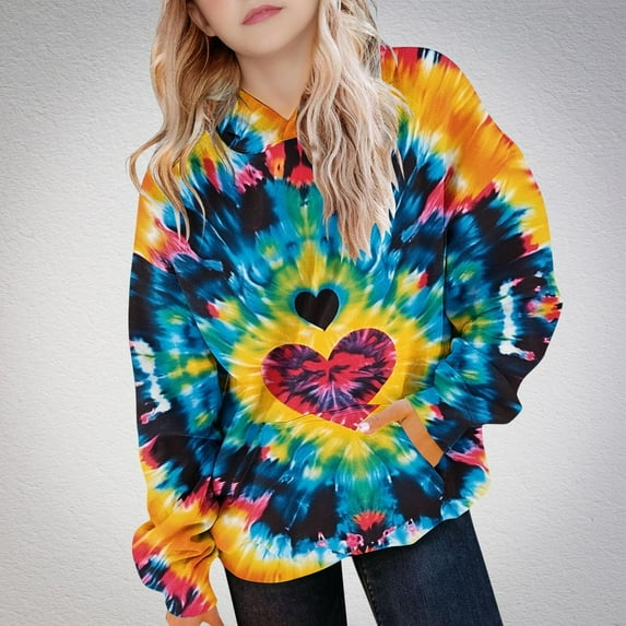 Bnwani Kids Hoodies Girls Crew Neck Long Sleeve Pockets Short Sweatshirt Hearts Tie-Dye Graphic Printed Tops Pullover