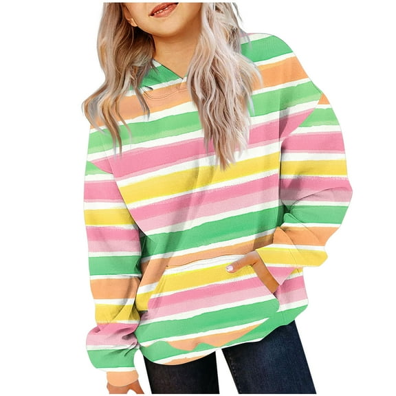 Bnwani Kids Hoodie Sweatshirt Boys Crew Neck Long Sleeve Fleece Casual Striped Print Pocket Multicolor Size 11-12 Years