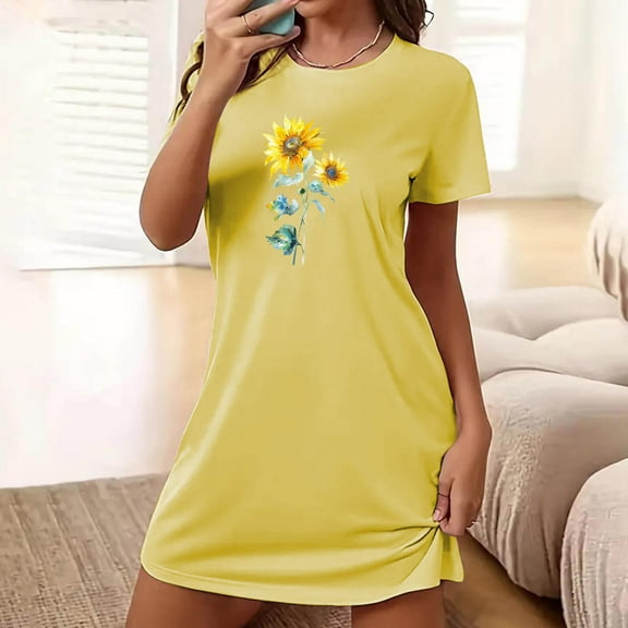 Bnwani nightgowns women Fashion Oversized crew neck Short Sleeve Printed Yellow size S-XXL