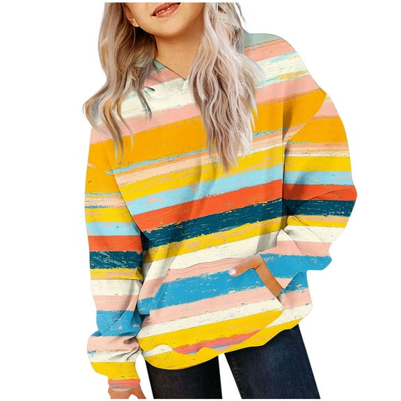 Bnwani Pullover Sweatshirts for Girls Crew Neck Long Sleeve Fleece Casual Striped Print Pocket Multicolor Size 4-5t