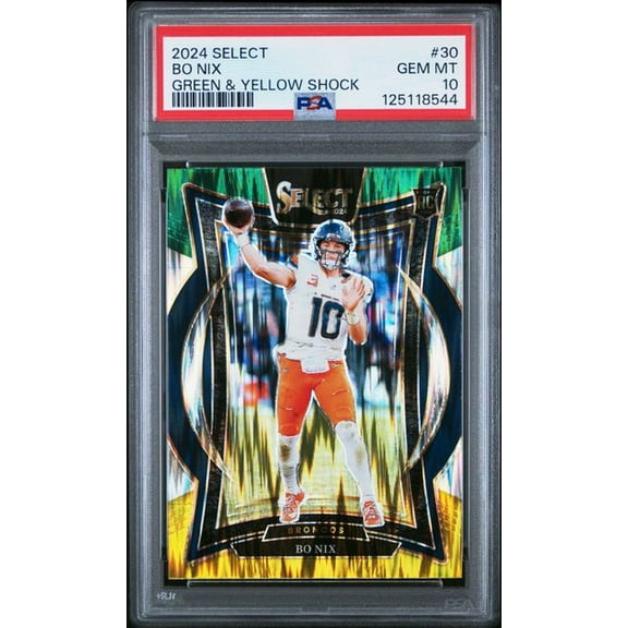 Bo Nix 2024 Select Green & Yellow Shock Prizm Rookie Card #30 PSA 10 Gem Mint