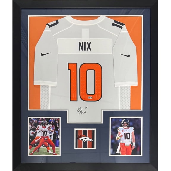 Bo Nix Autographed Denver Broncos Signed Nike Game White Football Framed Jersey Beckett Witness Authenticated COA