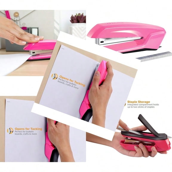 Bo Office Ascend 3 in 1 Stapler Integrated Remover Staple Storage 420 Staples Included 20 Sheet Capacity Lightweight Pink