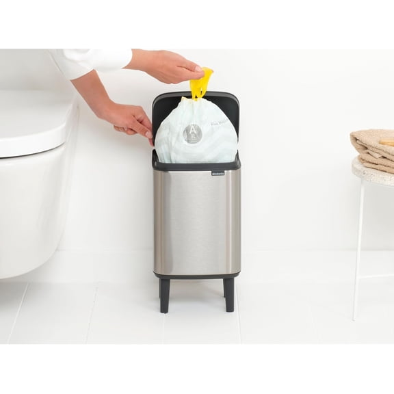 Bo XS Lift Open Trash Can with Raised Legs | 1.1 Gal / 4L | Matt Steel FPP | Free Standing Bedroom, Bathroom, Nursery Trash Can, Removable Inner Bucket, Non-Slip Feet | + Trash Bags