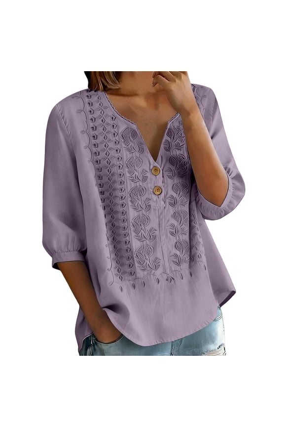 3/4 Length Sleeve Womens Tops Loose Fit Blouses Bohemian Tops Work Tees Retro Embroidered Tops Oversized Blouse Three Quarter Blouses Flowy Shirt Mexican Shirt Dressy Clothes V Neck Shirts