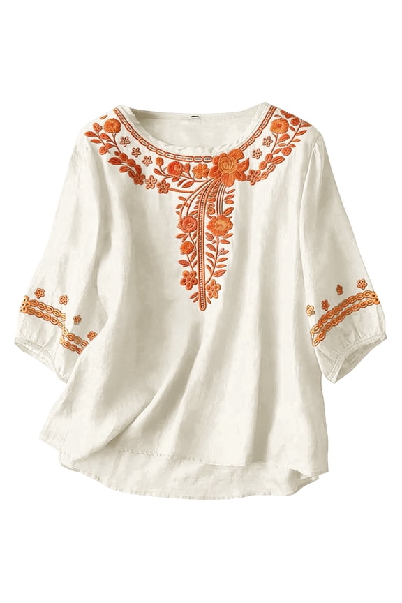 Cotton Linen Shirts for Women Flowy Shirt Three Quarter Blouses Beach Cotton Tops Retro Embroidered Tops Crew Neck Shirts Lightweight Ethnic Style Shirt for Vacation Basic Shirt Tunic Tops