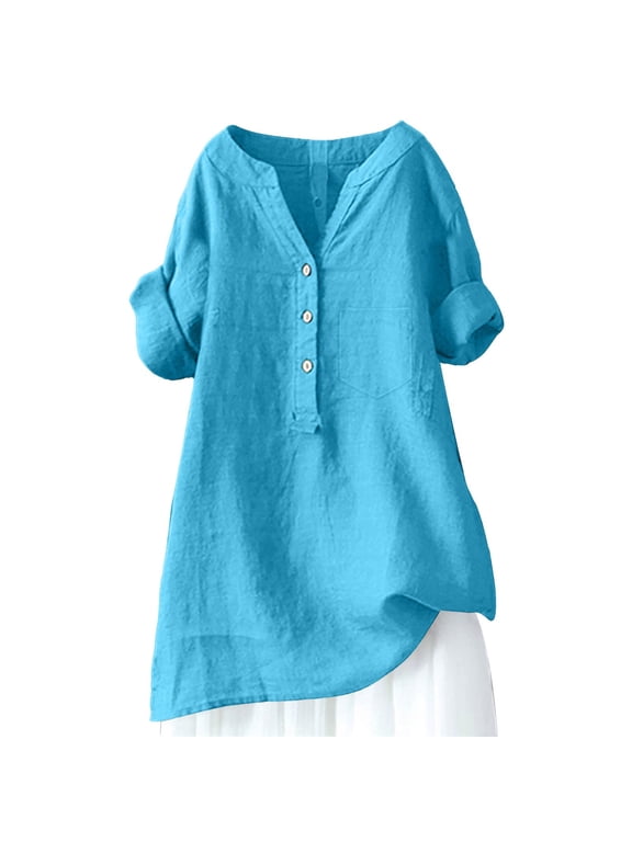 Cotton Linen Tops for Women Casual Tops Spring Linen Clothing for Womens Pullover Shirt Solid Color Shirt Crepe Texture Outfits Loose Fit Blouses Light Weight Plain Blouses Basic Tee Shirt M