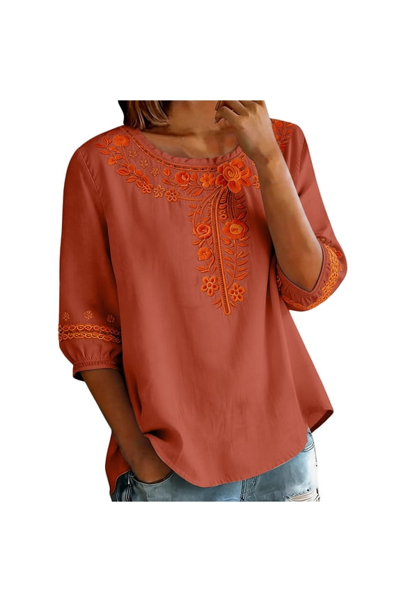 Cotton Linen Tops for Women Retro Embroidered Tops Crew Neck Tops Beach Casual Summer Tops Fashion Outfits Solid Color Shirt Peasant Blouses Office Blouses Business Work Blouses Flowy Shirt