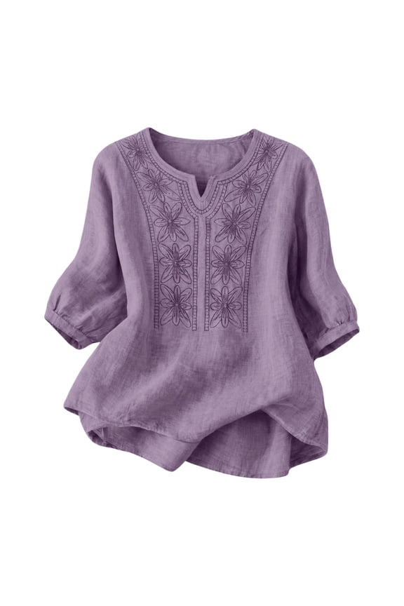Embroidered 3/4 Sleeve Linen Tops Lightweight Ethnic Style Retro Embroidered Tops Three Quarter Blouses Dressy Clothes Work Tees Business Work Blouses V Neck Solid Color Shirt Flowy