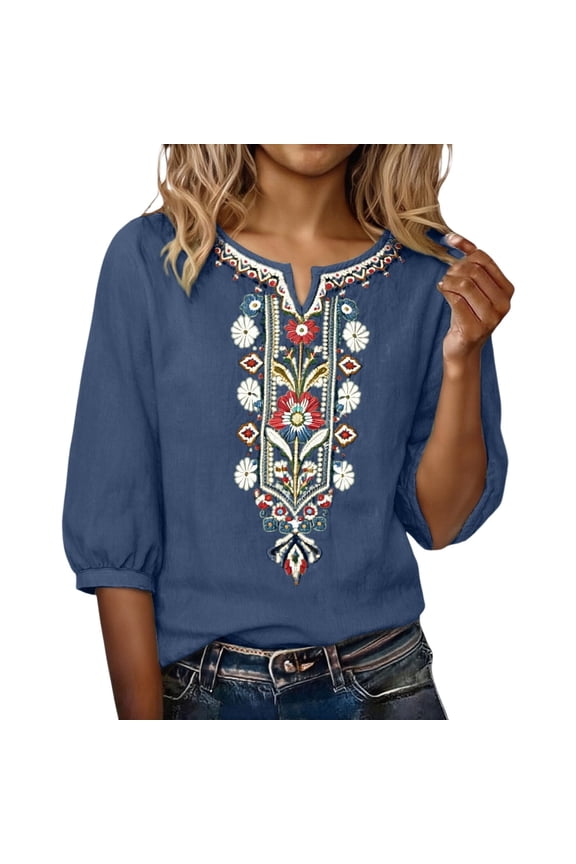 Embroidered Linen Shirts for Women Mexican Shirt Retro Embroidered Tops Office Blouses Peasant Blouses V Neck Shirts Tunic Tops Bohemian Tops Basic Shirt Pullover Shirt Flower Print Shirts