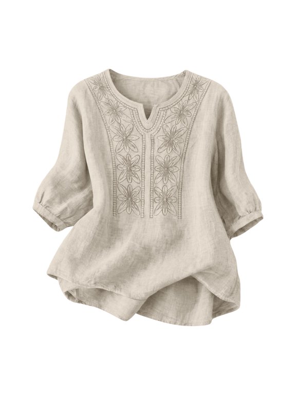 Embroidered Tops for Women Shirt for Vacation Pullover Shirt Business Work Blouses Bohemian Tops Basic Tee Shirt Three Quarter Blouses Tunic Tops Peasant Blouses Work Tees Fashion Outfits M